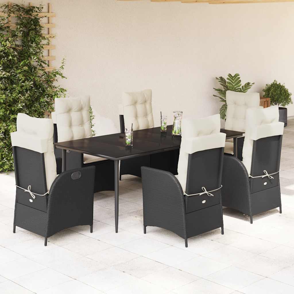 7-tlg. Garten-Essgruppe mit Kissen Schwarz Poly Rattan